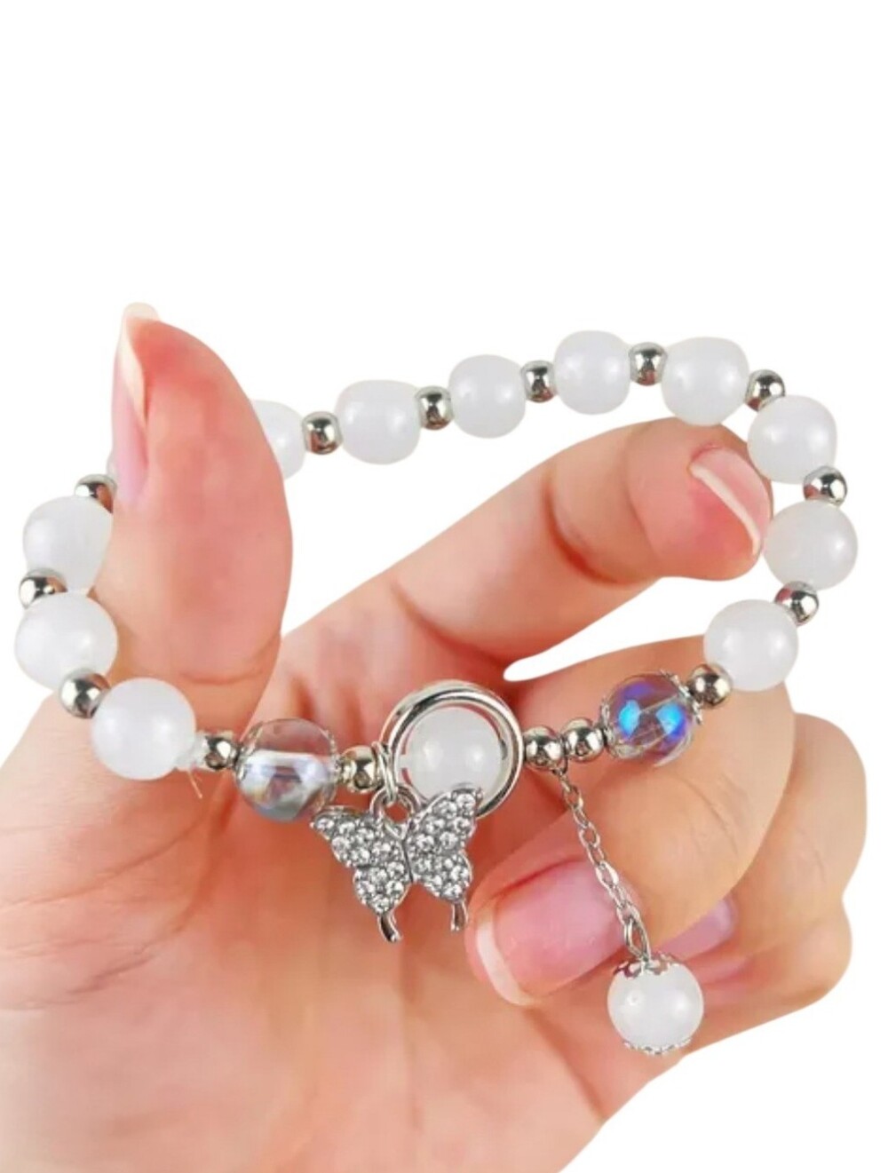 Womens Silver Rhinestone Butterfly Charm Glass Moonstone Beaded Elastic Bracelet